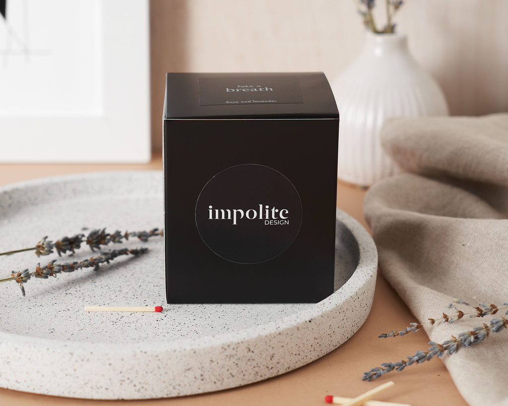 Rose and lavendar handmade soy wax scented candle black box packaging positive affirmation gift