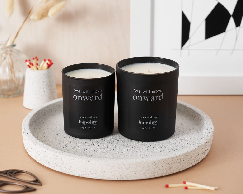 Large medium Peony and Oud handmade soy wax scented candle positive affirmation gift in black glass