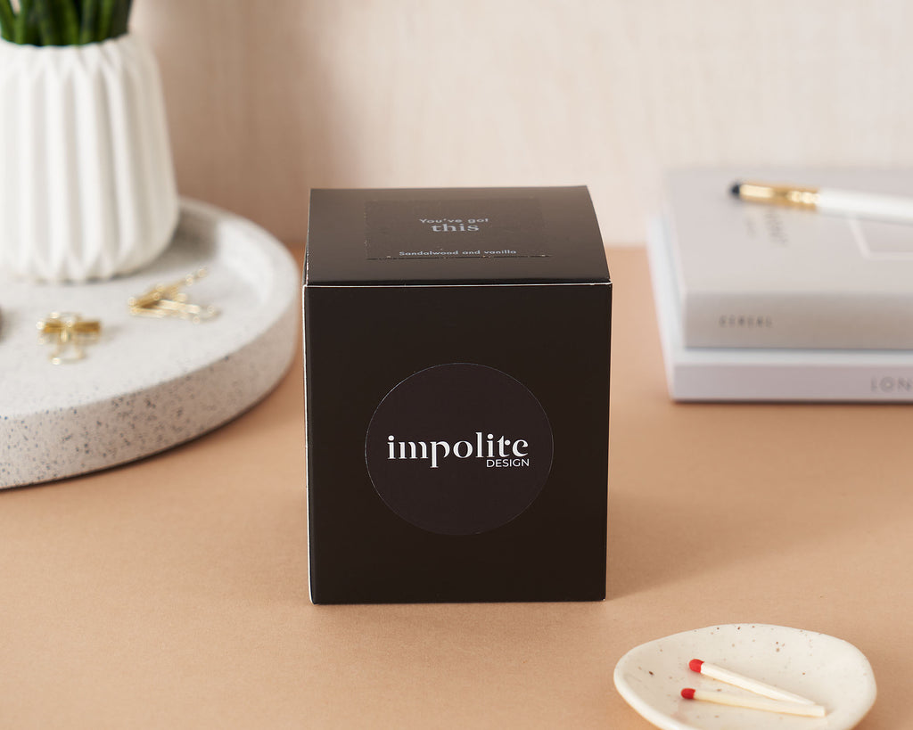 Sandalwood and vanilla handmade soy wax scented candle black box packaging positive affirmation You've Got This gift
