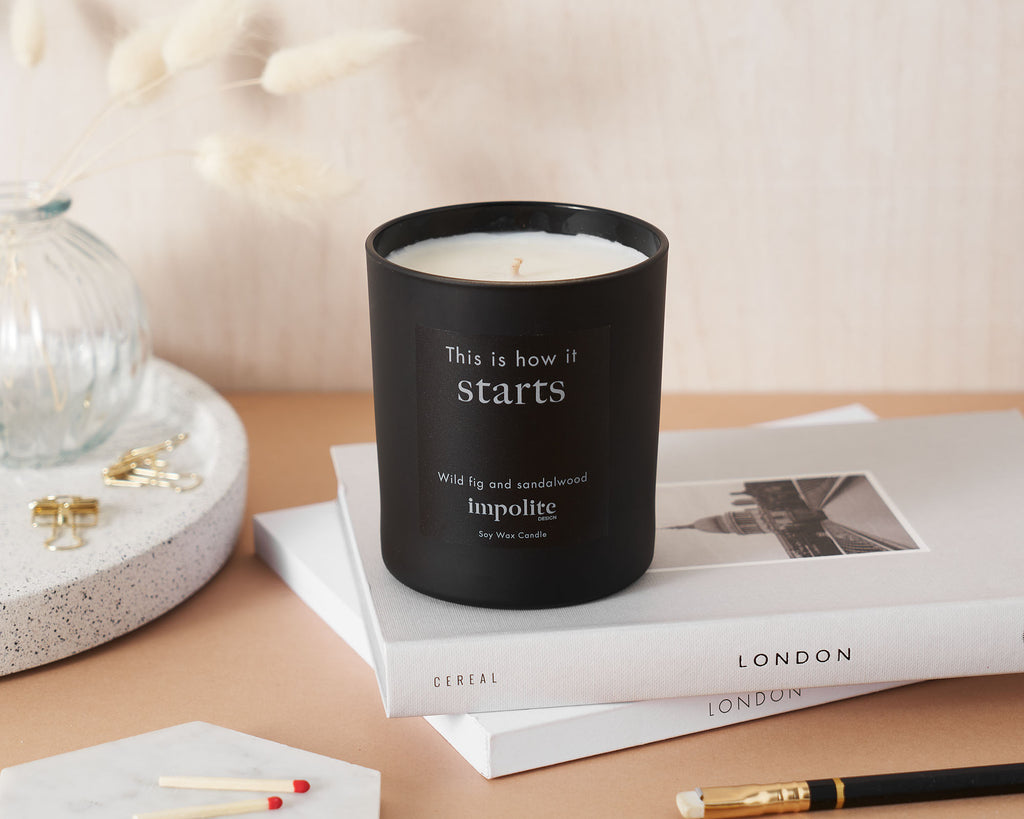 Large fig and sandalwood handmade soy wax scented candle positive affirmation gift in black glass