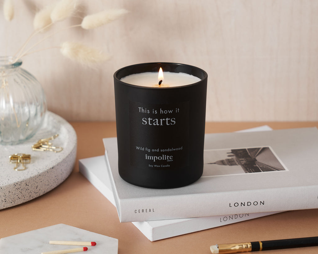 Large fig and sandalwood handmade soy wax scented candle positive affirmation gift in black glass lit