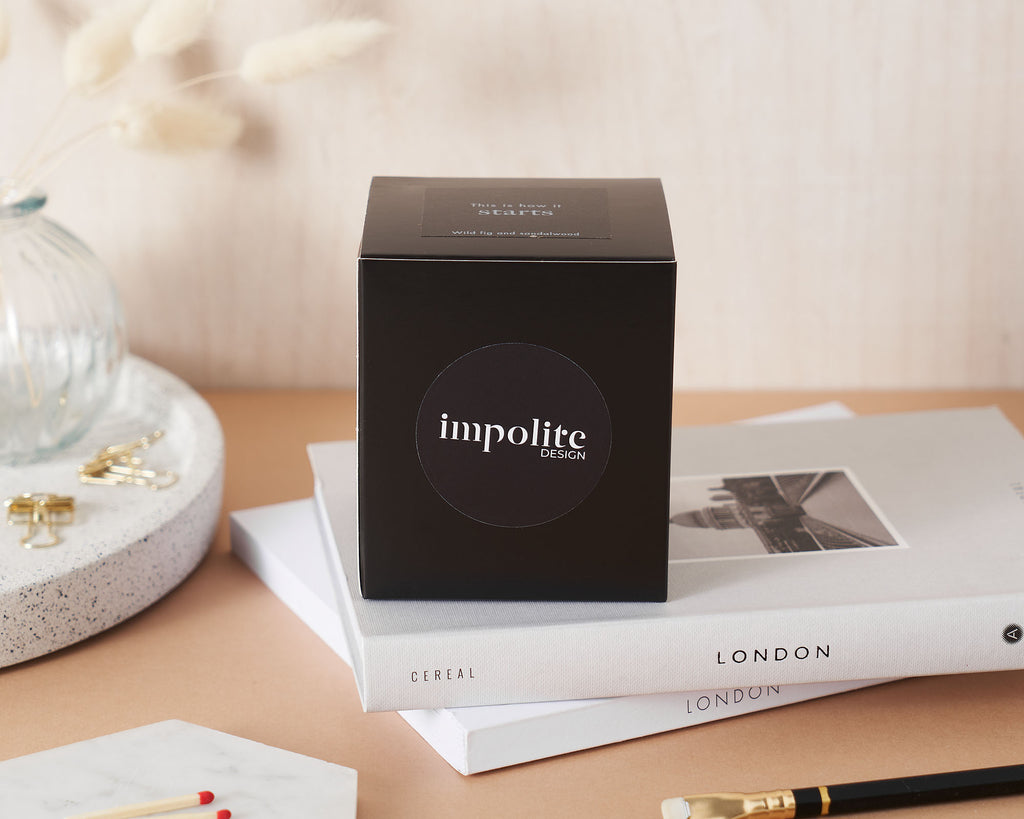 Fig and Sandalwood handmade soy wax scented candle black box packaging positive affirmation gift