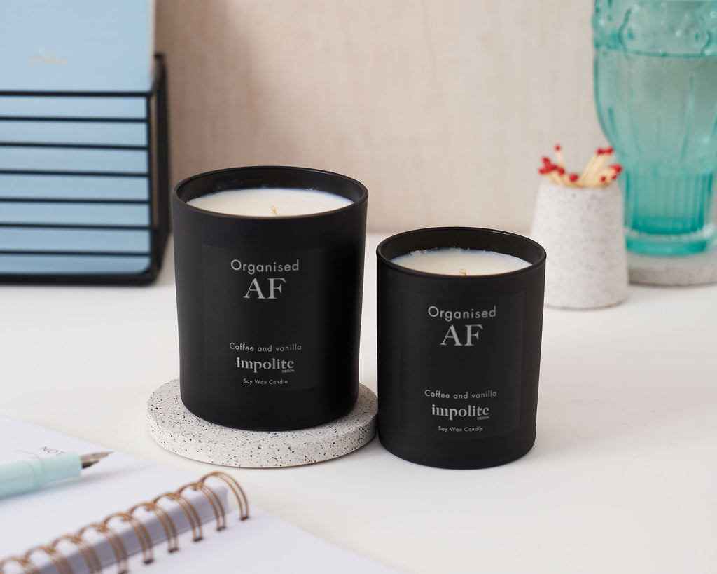Large medium Coffee and vanilla handmade soy wax scented candle positive affirmation gift in black glass