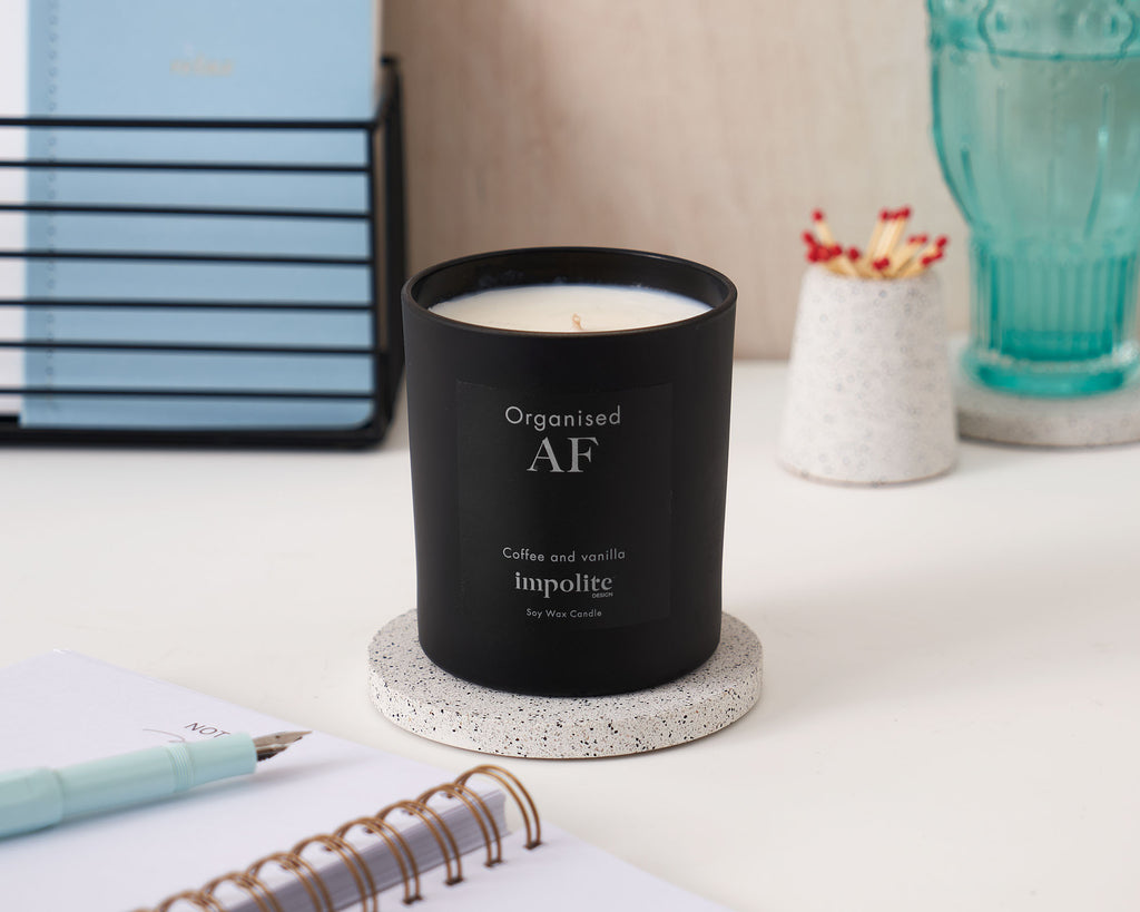 Large Coffee and vanilla handmade soy wax scented candle positive affirmation gift in black glass