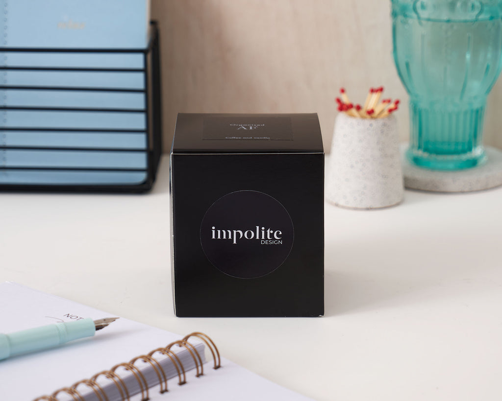 Coffee and vanilla handmade soy wax scented candle black box packaging positive affirmation gift