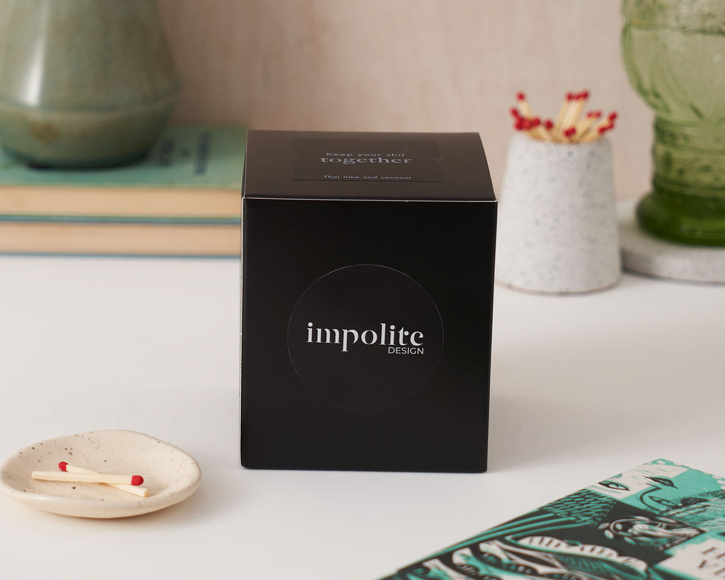 Lime and coconut handmade soy wax scented candle black box packaging positive affirmation gift