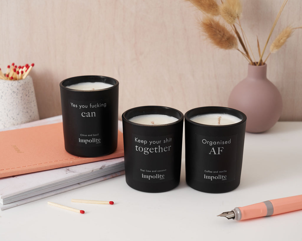 Collection of three mini votive travel soy wax handmade scented candles from gift set