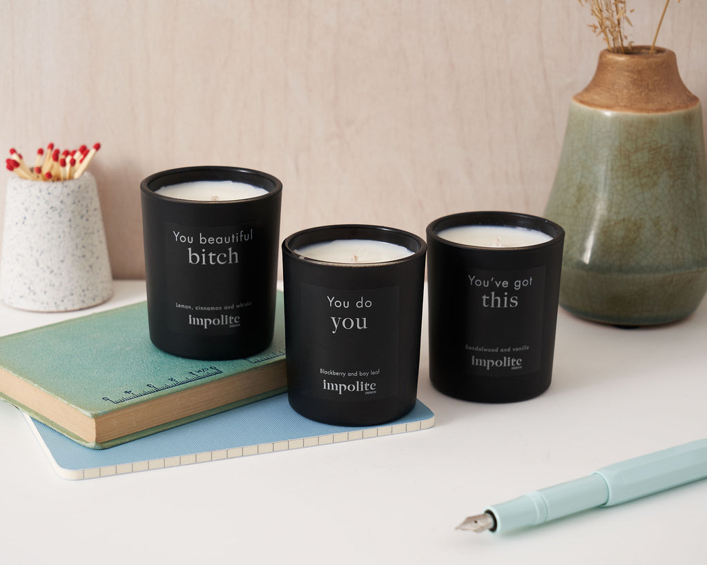 Collection of three mini votive travel soy wax handmade scented candles from gift set