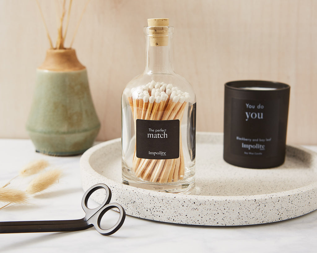 Glass Bottle of stylish white coloured extra long safety matches for candles