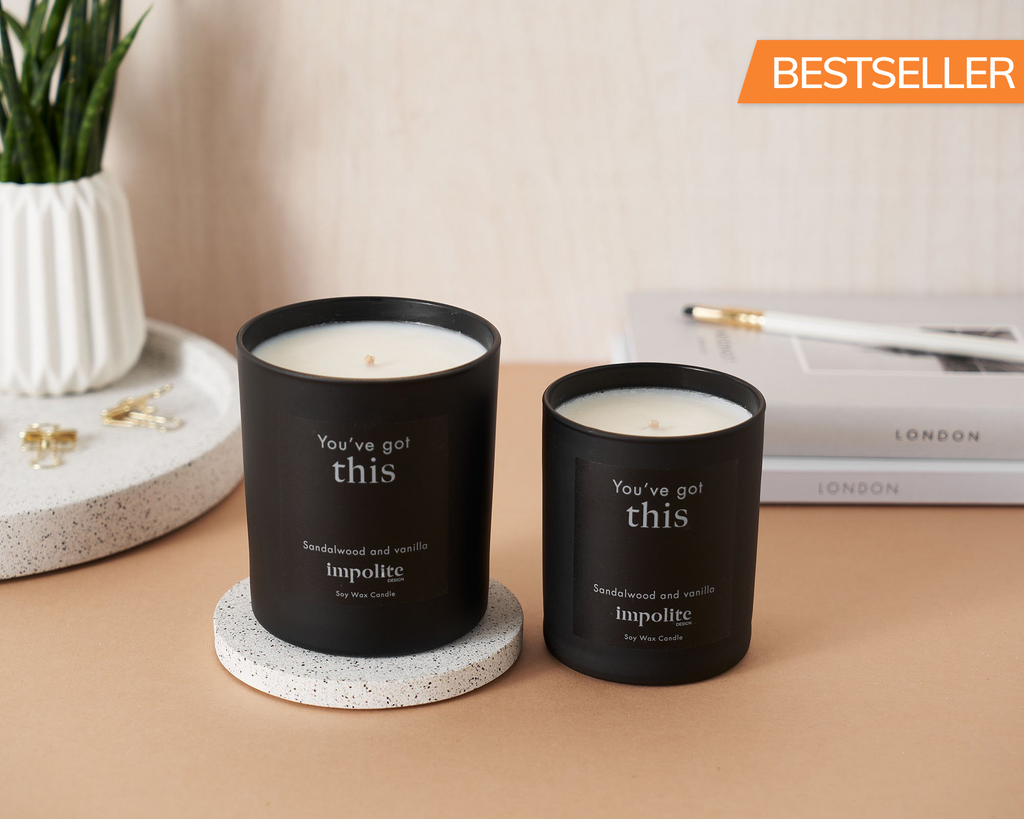 Large medium Sandalwood and vanilla handmade soy wax scented candle positive affirmation You've Got This gift in black glass